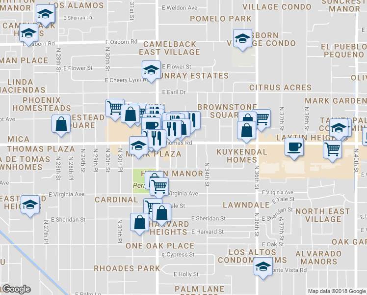 map of restaurants, bars, coffee shops, grocery stores, and more near 2840 North 33rd Street in Phoenix