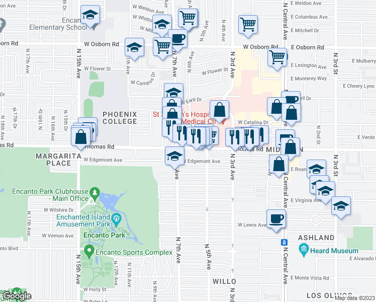 map of restaurants, bars, coffee shops, grocery stores, and more near 521 West Thomas Road in Phoenix