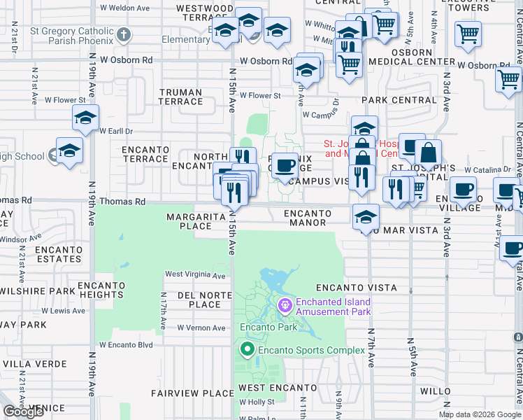 map of restaurants, bars, coffee shops, grocery stores, and more near 1151 West Thomas Road in Phoenix
