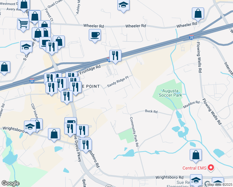 map of restaurants, bars, coffee shops, grocery stores, and more near 4388 Ridge Valley Drive in Augusta