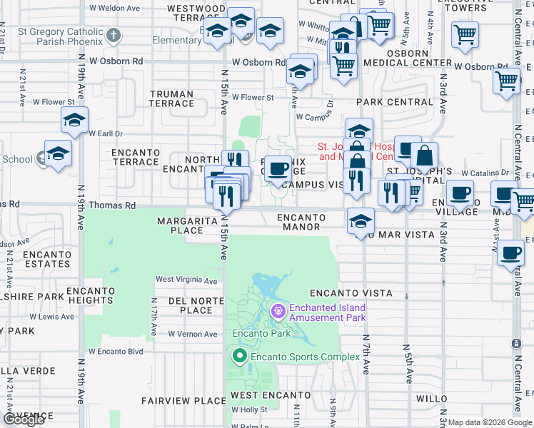 map of restaurants, bars, coffee shops, grocery stores, and more near 1151 West Thomas Road in Phoenix