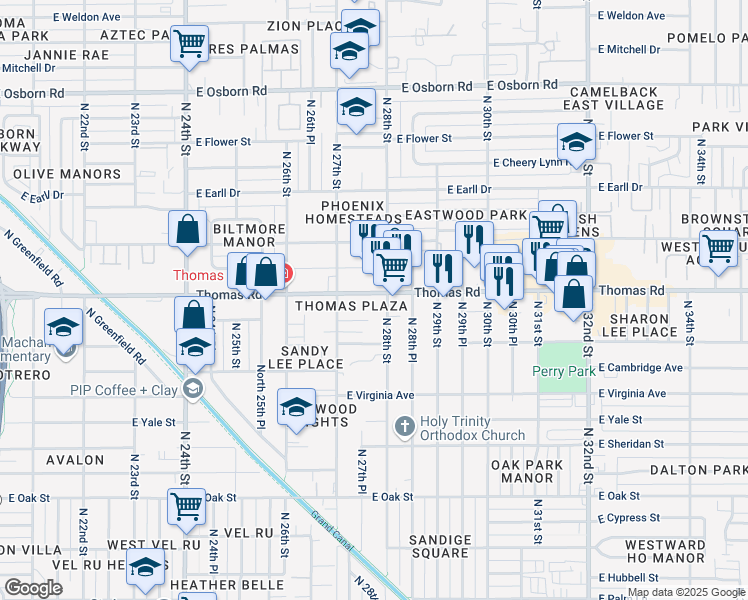 map of restaurants, bars, coffee shops, grocery stores, and more near 2735 East Thomas Road in Phoenix