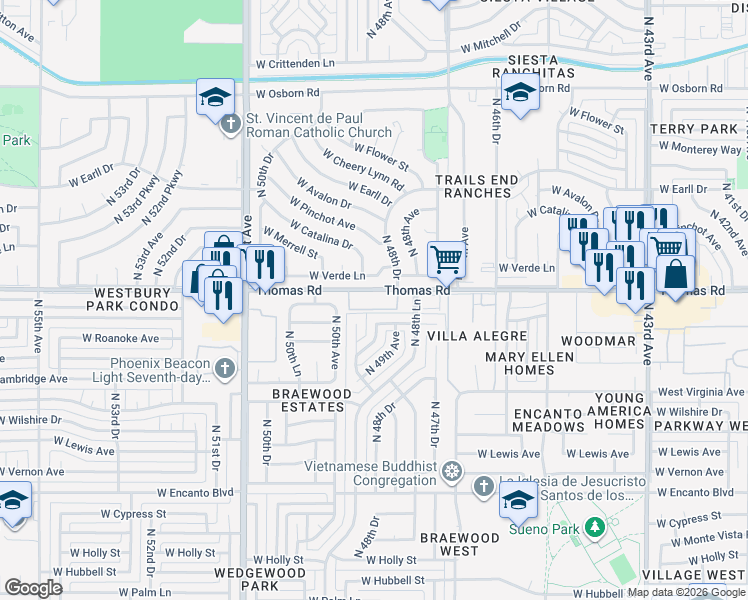 map of restaurants, bars, coffee shops, grocery stores, and more near 4905 West Thomas Road in Phoenix