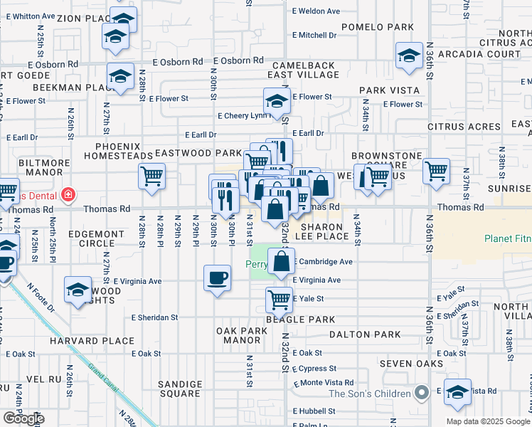 map of restaurants, bars, coffee shops, grocery stores, and more near 3123 East Thomas Road in Phoenix