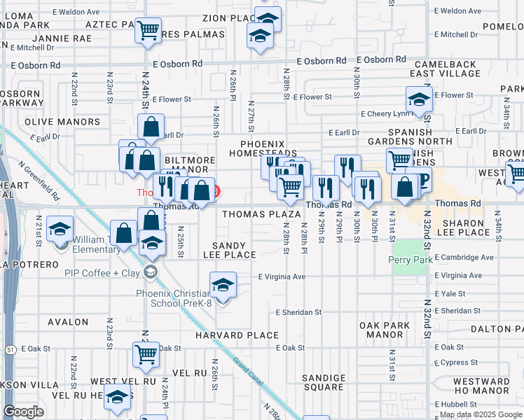 map of restaurants, bars, coffee shops, grocery stores, and more near 2701 East Thomas Road in Phoenix
