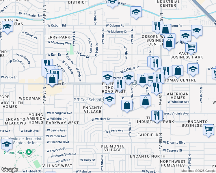 map of restaurants, bars, coffee shops, grocery stores, and more near 3835 West Thomas Road in Phoenix