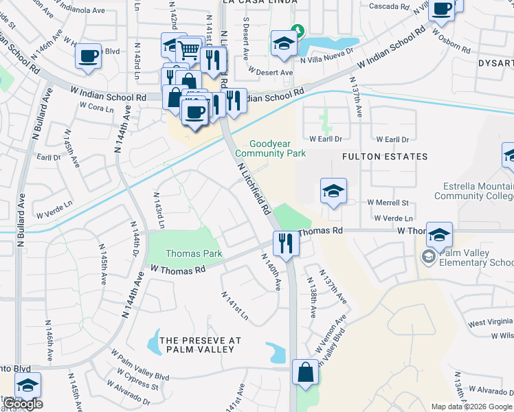 map of restaurants, bars, coffee shops, grocery stores, and more near 3000 North Litchfield Road in Goodyear