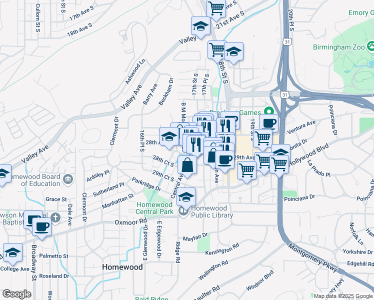 map of restaurants, bars, coffee shops, grocery stores, and more near 1665 28th Avenue South in Birmingham