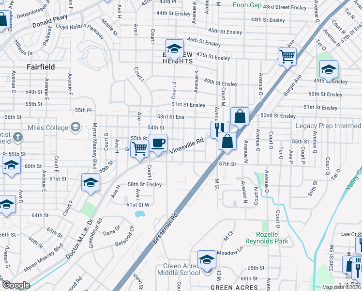 map of restaurants, bars, coffee shops, grocery stores, and more near 5514 Vinesville Road in Birmingham
