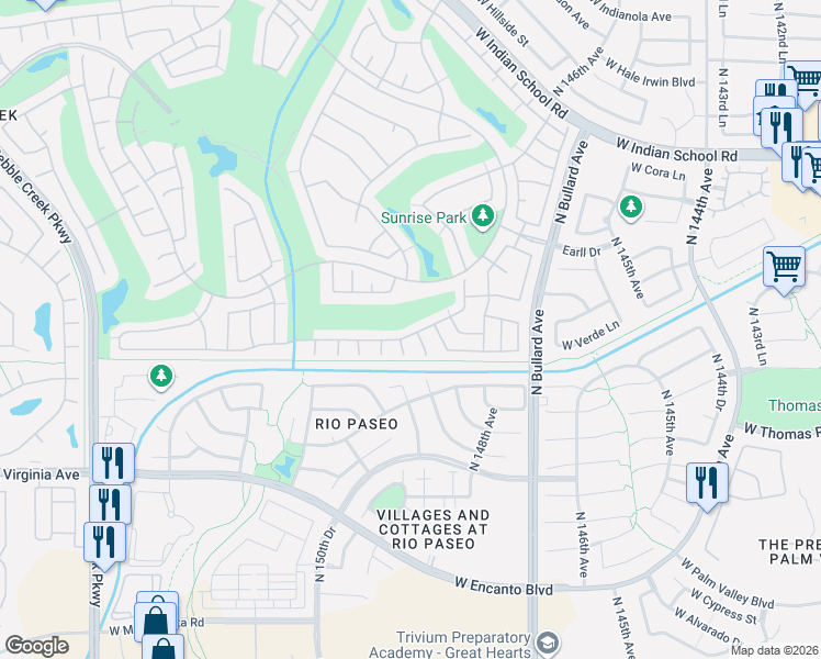 map of restaurants, bars, coffee shops, grocery stores, and more near 14926 West Verde Lane in Goodyear