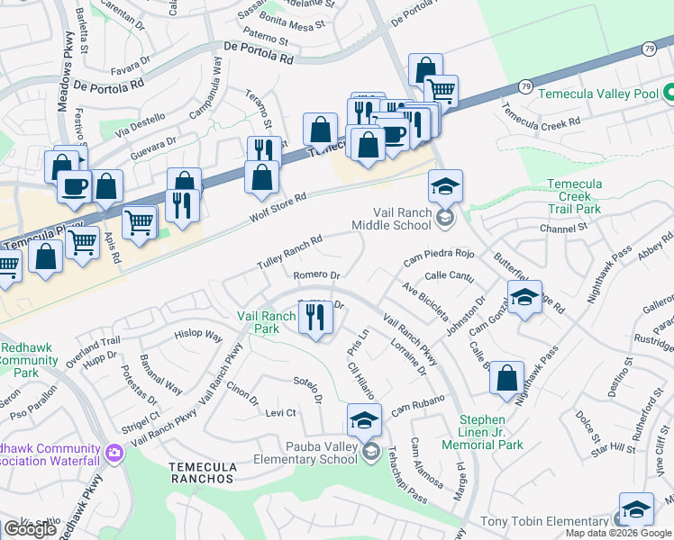 map of restaurants, bars, coffee shops, grocery stores, and more near 33042 Romero Drive in Temecula
