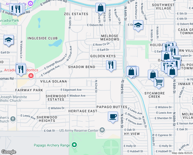 map of restaurants, bars, coffee shops, grocery stores, and more near 6201 East Thomas Road in Scottsdale