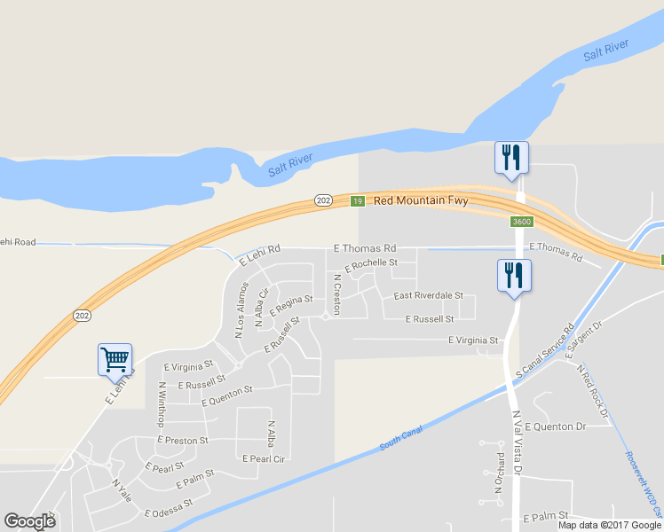 map of restaurants, bars, coffee shops, grocery stores, and more near 3160 East Rochelle Street in Mesa