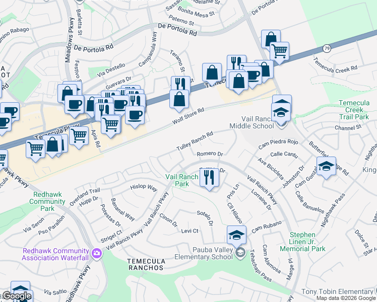 map of restaurants, bars, coffee shops, grocery stores, and more near 44539 Lauriano Drive in Temecula