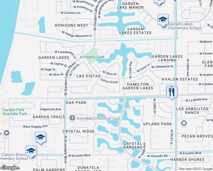 map of restaurants, bars, coffee shops, grocery stores, and more near 11206 West Bermuda Drive in Avondale