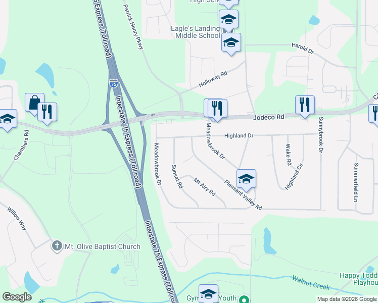 map of restaurants, bars, coffee shops, grocery stores, and more near 30 Pleasant Valley Road in McDonough