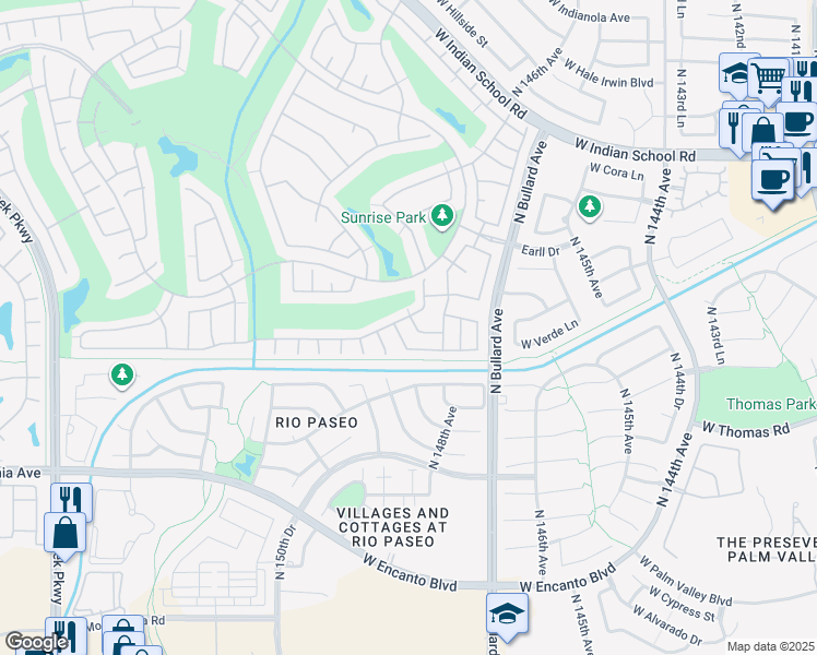 map of restaurants, bars, coffee shops, grocery stores, and more near 14841 West Merrell Street in Goodyear
