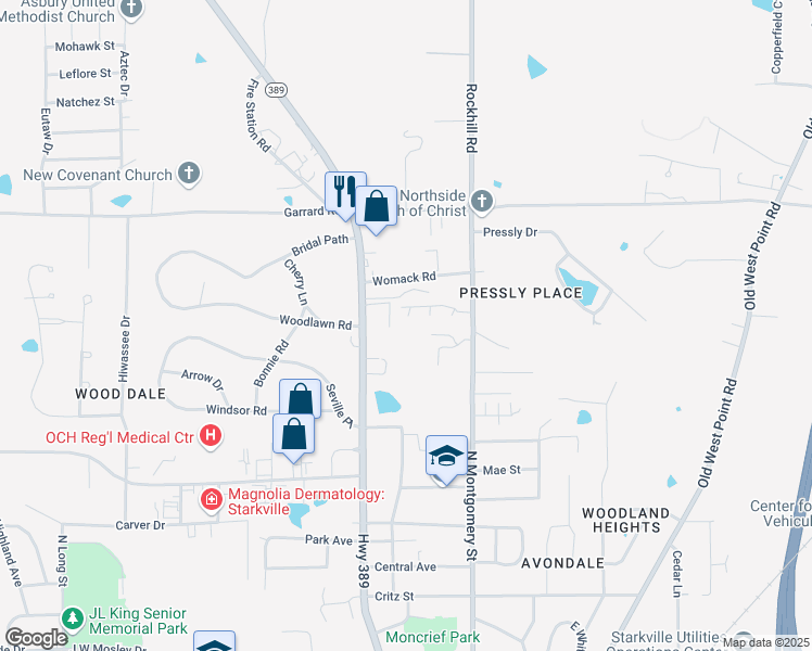 map of restaurants, bars, coffee shops, grocery stores, and more near 309 West Court in Starkville