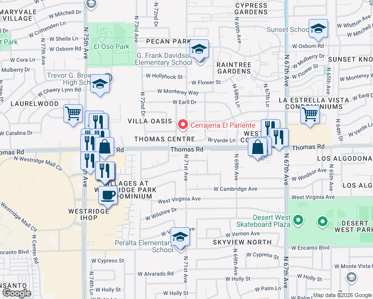 map of restaurants, bars, coffee shops, grocery stores, and more near W Thomas Rd & N 71st Ave in Phoenix