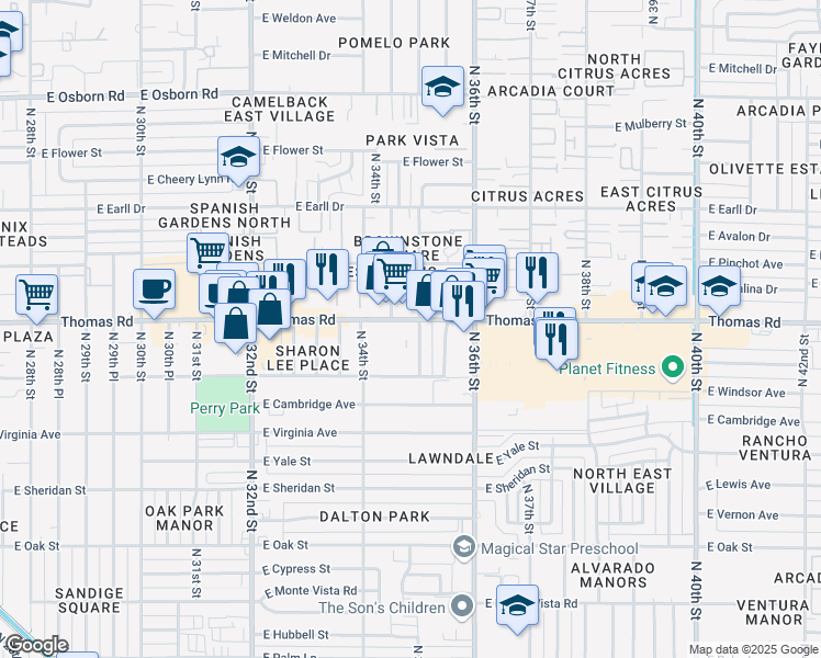 map of restaurants, bars, coffee shops, grocery stores, and more near 3437 East Thomas Road in Phoenix