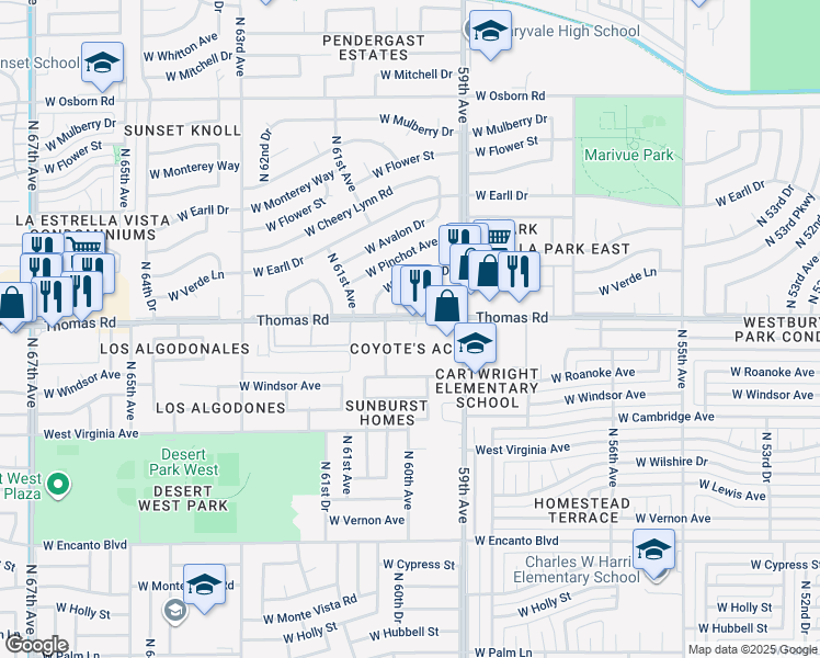 map of restaurants, bars, coffee shops, grocery stores, and more near 6005 West Thomas Road in Phoenix