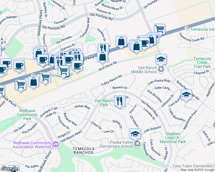 map of restaurants, bars, coffee shops, grocery stores, and more near 44539 Lauriano Drive in Temecula