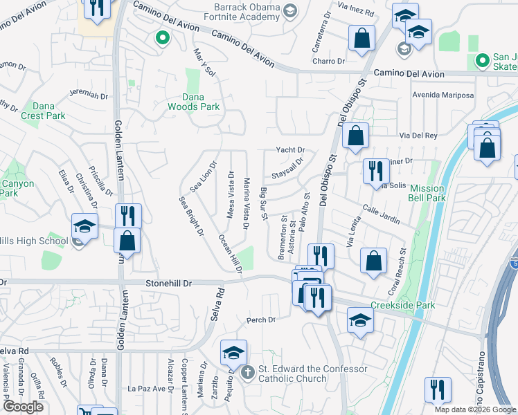 map of restaurants, bars, coffee shops, grocery stores, and more near 33231 Big Sur Street in Dana Point