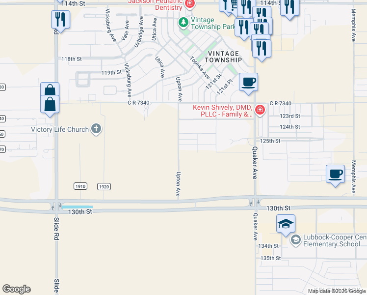 map of restaurants, bars, coffee shops, grocery stores, and more near 12307-12915 Upton Avenue in Lubbock
