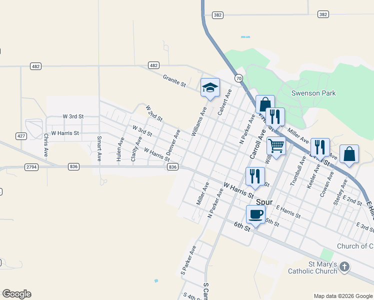 map of restaurants, bars, coffee shops, grocery stores, and more near 700 West 3rd Street in Spur