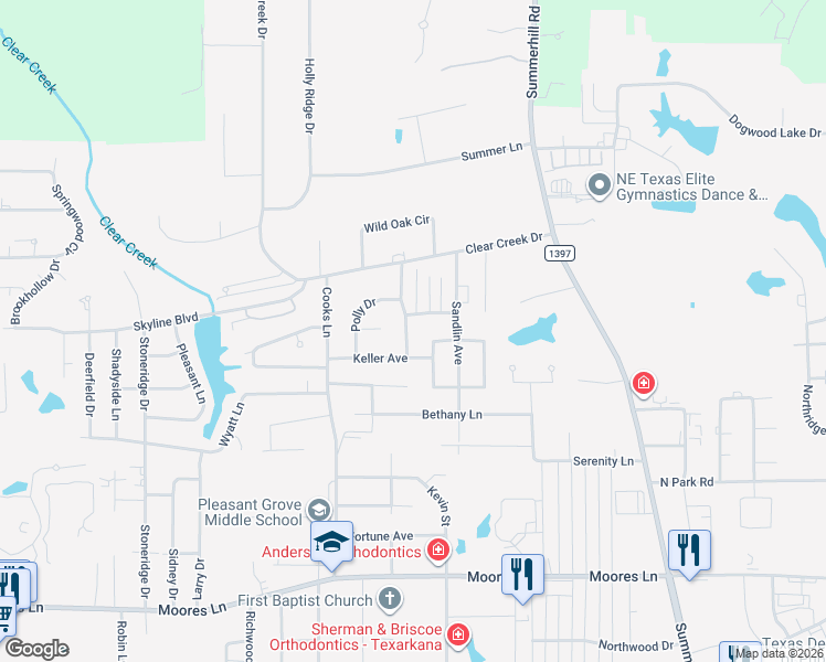 map of restaurants, bars, coffee shops, grocery stores, and more near 6105 Ben Burrough Road in Texarkana