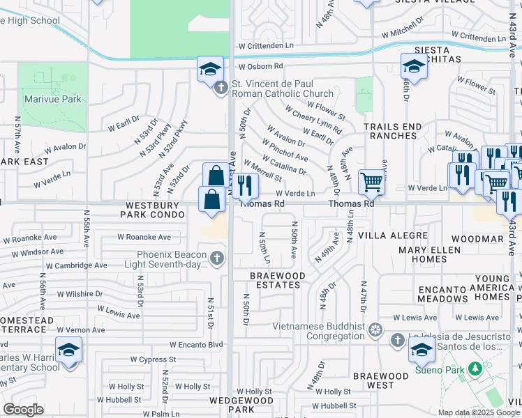 map of restaurants, bars, coffee shops, grocery stores, and more near 5046 West Edgemont Avenue in Phoenix