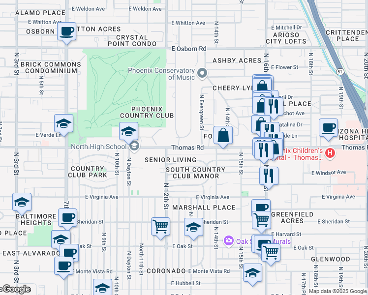 map of restaurants, bars, coffee shops, grocery stores, and more near 1233 East Thomas Road in Phoenix