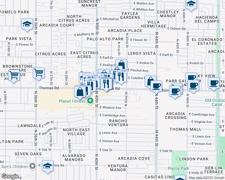 map of restaurants, bars, coffee shops, grocery stores, and more near 4119 East Thomas Road in Phoenix