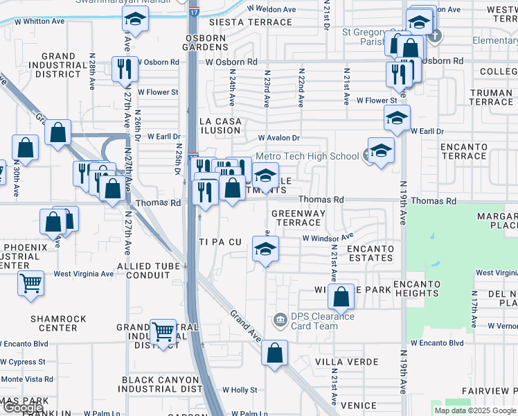 map of restaurants, bars, coffee shops, grocery stores, and more near 2301 West Thomas Road in Phoenix