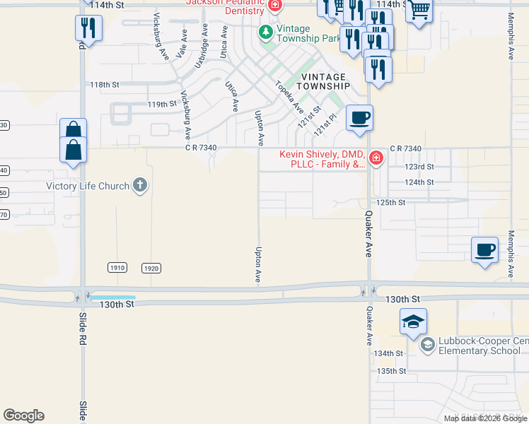 map of restaurants, bars, coffee shops, grocery stores, and more near 12307-12915 Upton Avenue in Lubbock