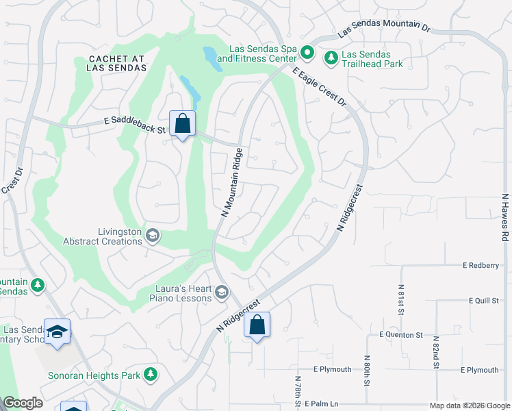 map of restaurants, bars, coffee shops, grocery stores, and more near 3540 North Tuscany in Mesa