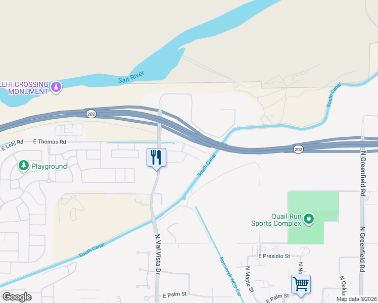 map of restaurants, bars, coffee shops, grocery stores, and more near 3758 East Thomas Road in Mesa