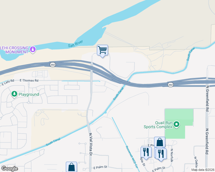map of restaurants, bars, coffee shops, grocery stores, and more near 3758 East Thomas Road in Mesa