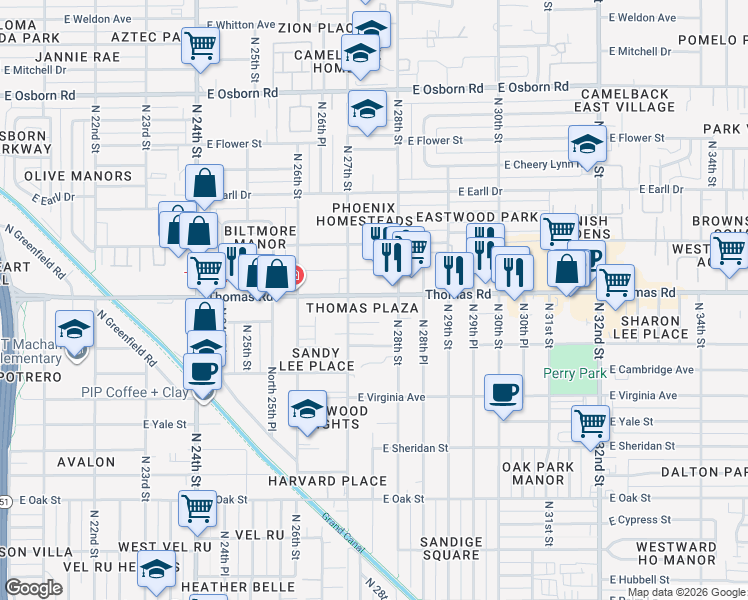 map of restaurants, bars, coffee shops, grocery stores, and more near 2701 East Thomas Road in Phoenix