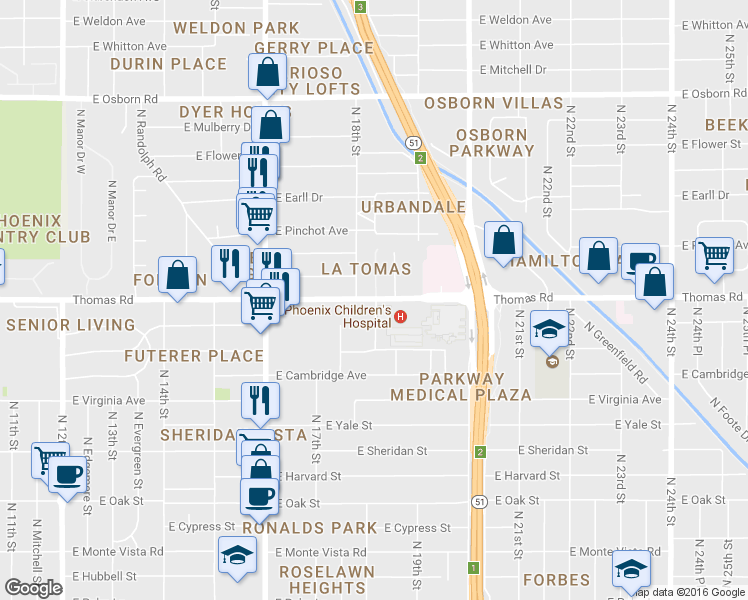 map of restaurants, bars, coffee shops, grocery stores, and more near 1741 East Thomas Road in Phoenix