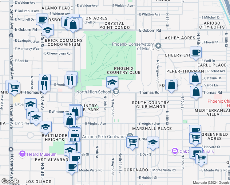 map of restaurants, bars, coffee shops, grocery stores, and more near in Phoenix