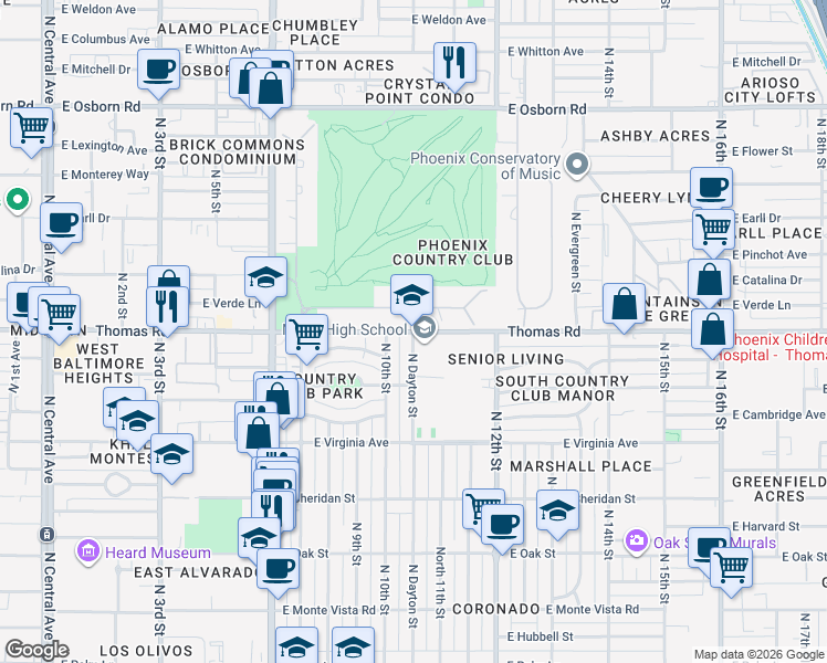 map of restaurants, bars, coffee shops, grocery stores, and more near in Phoenix