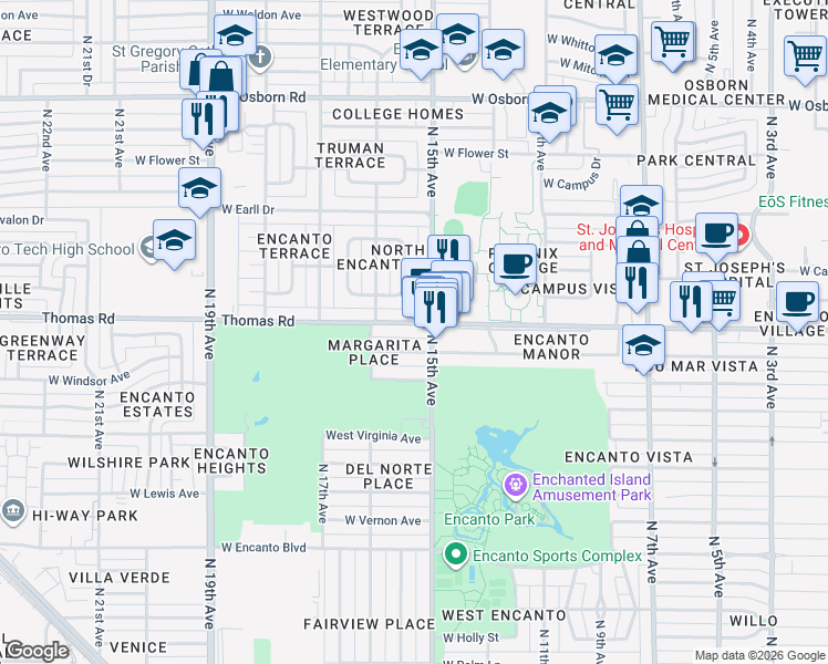 map of restaurants, bars, coffee shops, grocery stores, and more near 1502 West Thomas Road in Phoenix