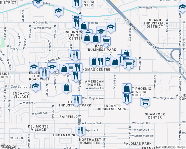 map of restaurants, bars, coffee shops, grocery stores, and more near 2813 North 34th Drive in Phoenix