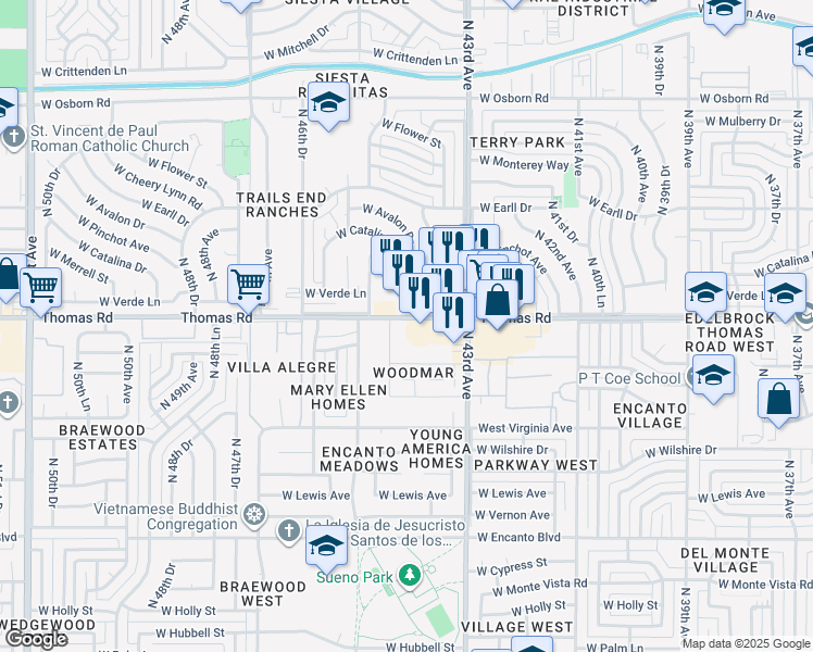 map of restaurants, bars, coffee shops, grocery stores, and more near 4333 West Thomas Road in Phoenix