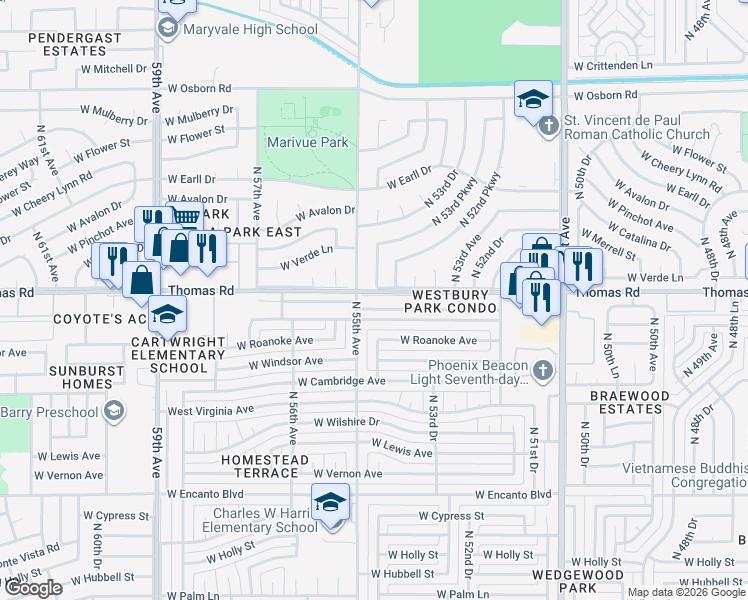 map of restaurants, bars, coffee shops, grocery stores, and more near 5461 West Thomas Road in Phoenix