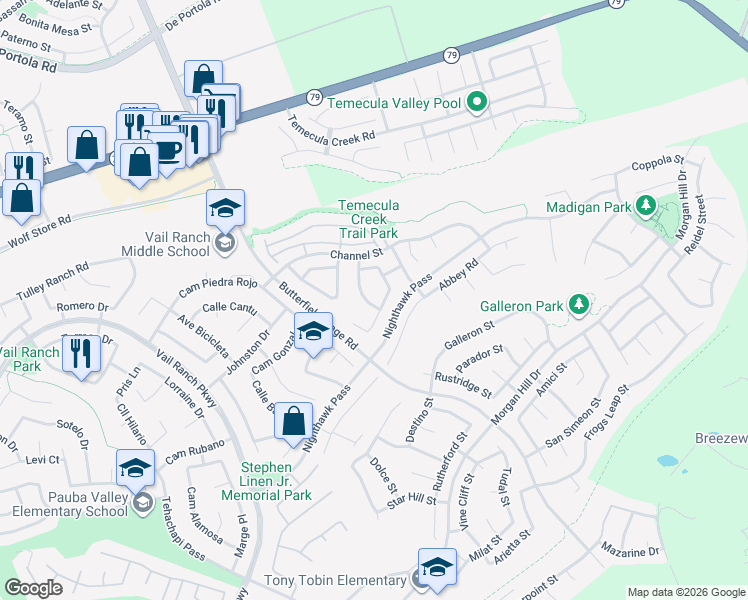 map of restaurants, bars, coffee shops, grocery stores, and more near 44454 Kingston Drive in Temecula