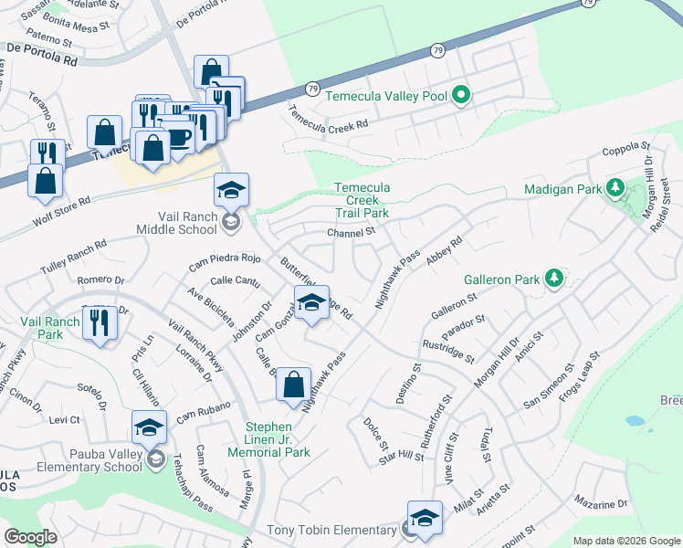 map of restaurants, bars, coffee shops, grocery stores, and more near 44486 Dorchester Drive in Temecula