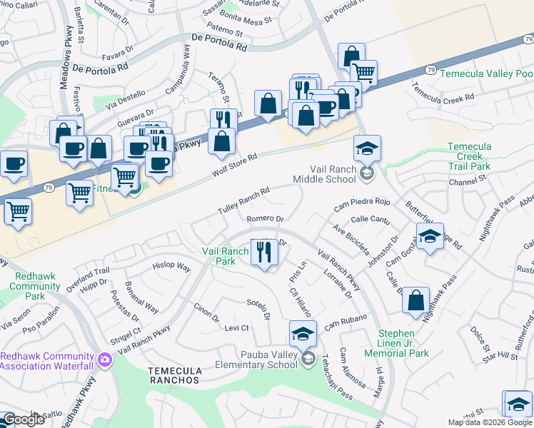 map of restaurants, bars, coffee shops, grocery stores, and more near 32959 Romero Drive in Temecula