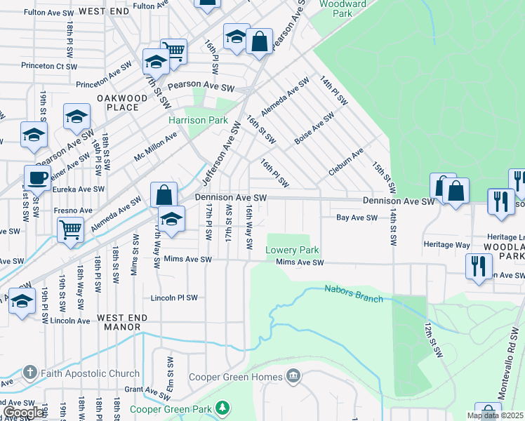 map of restaurants, bars, coffee shops, grocery stores, and more near 1328 Elmwood Street Southwest in Birmingham